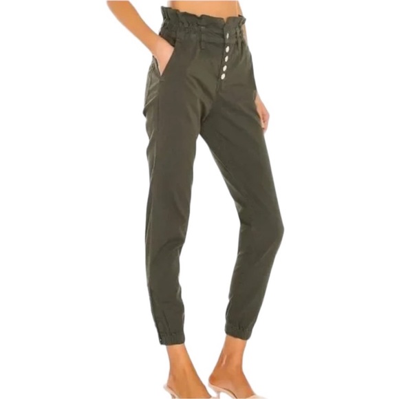 Veronica Beard Tedi Tapered High Rise Button Fly/ Paperbag Jeans in Army Green - Picture 3 of 14